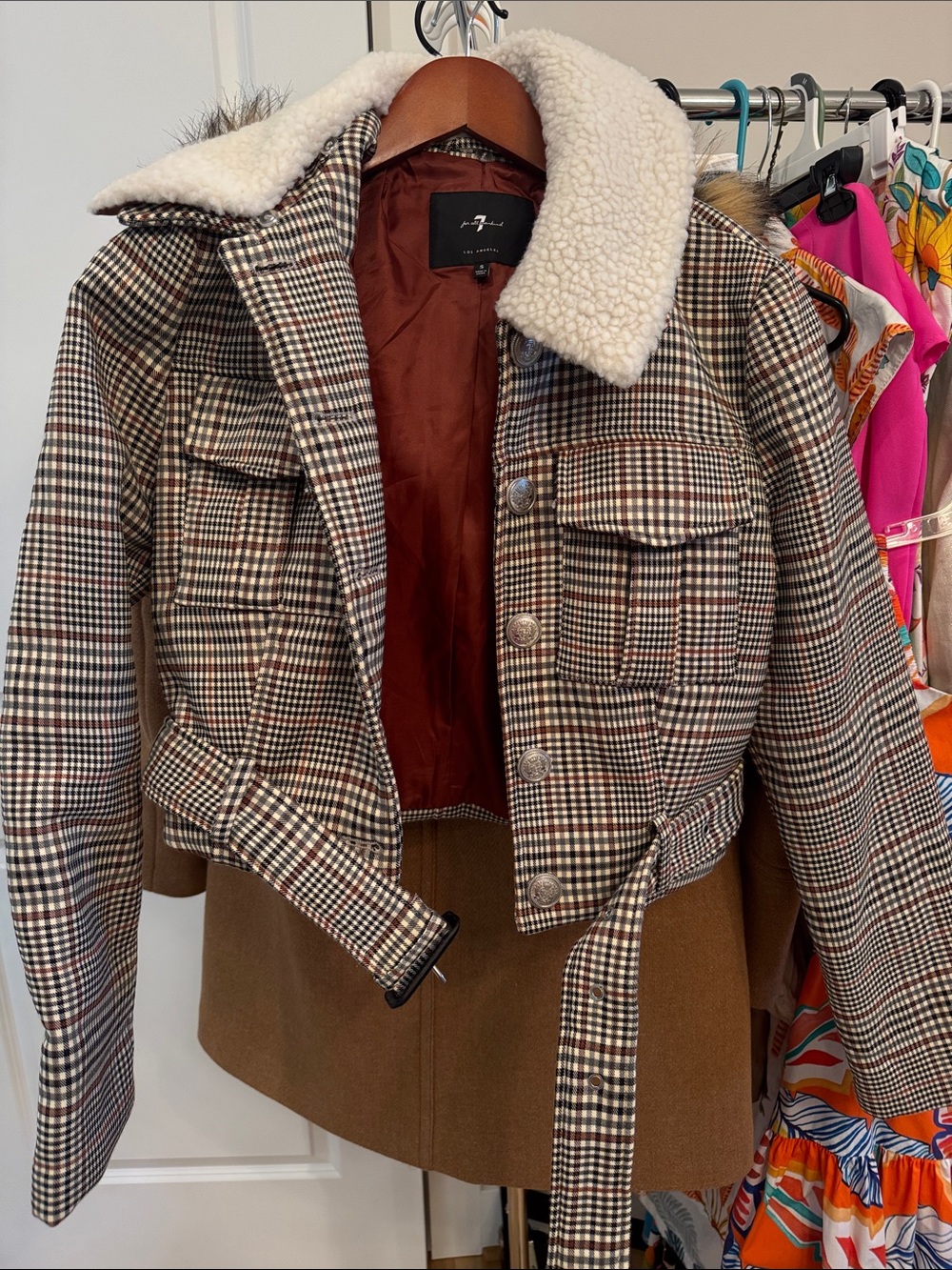 7 For All Mankind Brown Multi Checked Cropped Bomber Jacket with Sherpa Collar